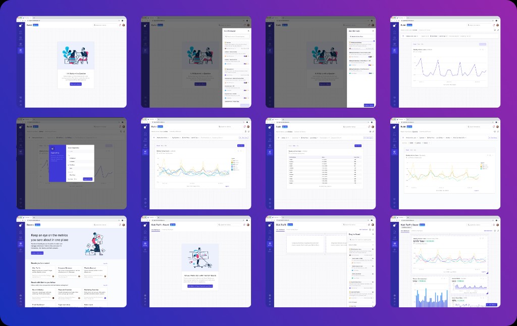 End-to-end prototype screens from user research showing query, chart, and board flows