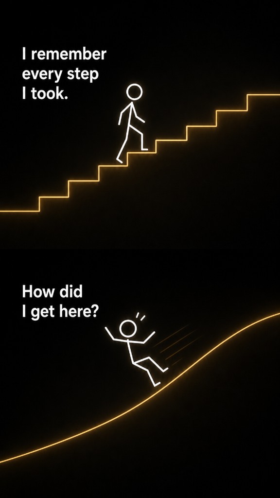 Onboarding contrast: a figure climbing deliberate steps versus sliding down a curve with the question how did I get here
